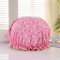 Pink double-layer waterproof shower cap with flamingo print and elastic gold trim - Pink Flamingo