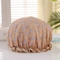 Waterproof double-layer shower cap in light brown with blue bows and heart prints - Gold Bowknot