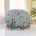 Grey-blue waterproof double-layer shower cap with white polka dots and cartoon girl print - Blue Cartoon Girl