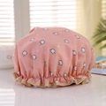 Pink waterproof double-layer shower cap with cute white cat prints and elastic frill - Pink Base Cats