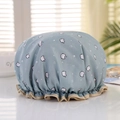 Blue waterproof shower cap with cat prints and ruffled elastic trim for women - Blue Cat Pattern
