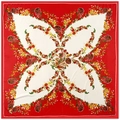 Floral butterfly print square silk scarf with red poppy pattern and ivory center 130cm - Red