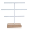 Three-tier white metal earring display stand with a solid wooden base for jewelry storage - White 52 Holes