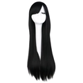 Detailed view of 80cm long straight black cosplay wig with bangs on a model head - 80cm Black