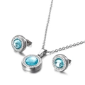 Blue round crystal pendant necklace and earrings set in polished silver steel - Sky Blue