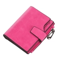 Short pink faux leather wallet for women with lychee texture and buckle zipper closure - Rose Red