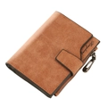 Short brown leather wallet with multi-card slots, zipper and snap button closure - Brown