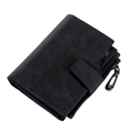 Short black faux leather wallet for women with snap closure and metal zipper pocket - Black