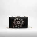 Elegant black evening clutch with floral crystal embellishments and gold chain strap - Black