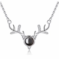 Macro shot of silver deer antler necklace featuring a central black stone and zircon accents - Deer Antler Projection Style / Silver (With Chain)