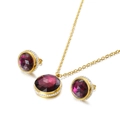 Golden titanium steel jewelry set with round wine red gemstones and zircon halo - Purple