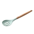 Pale green silicone slotted spoon with natural wooden handle and hanging hole for kitchen - Slotted Spoon