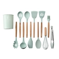 12-piece mint green silicone cooking utensil set with wooden handles and storage bucket - Kitchen Utensil Set (With Storage Bucket)