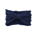Close-up of deep blue cable knit headband featuring a central bow and thick wool texture - Navy Blue