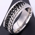 Silver and black stainless steel spinner ring with double Cuban link rotating chains - US 5 / Black