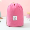 Pink velvet cylindrical drawstring makeup bag with soft fabric and wooden bead fastener - Rose Red