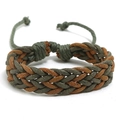 Handmade woven couple bracelet in olive green and brown wax rope with adjustable knot - Green + Light Brown