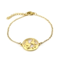 Bracciale in acciaio inossidabile placcato oro 18K con ciondolo tondo traforato mappa mondo - Bracciale Oro (LB1157)
