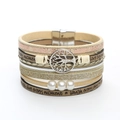 Detail of bohemian leather bracelet with Tree of Life charm, pearls and inspirational quotes - Khaki