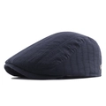 Dark blue cotton linen flat cap with vertical stripes and small metallic logo detail - 58-59 / Navy Blue
