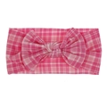 Detail view of a soft pink plaid nylon baby headband featuring a cute bow knot design - Bow / Pink Gingham