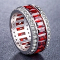 Luxurious silver plated ring with triple row rectangular red zircon and clear crystals - US 6 / Garnet Red Zirconia