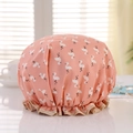 Pink double-layer waterproof shower cap with white flamingo prints and elastic khaki trim - Orange Flamingo