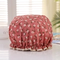 Waterproof double-layer shower cap in dark pink with white floral print and elastic hem - Violet Red Floral