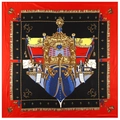 Classic square silk scarf with golden sailing ship print and red border, 130cm satin wrap - Red / 130cm