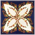 Navy and beige 130cm square silk scarf featuring symmetrical vintage floral patterns - Navy Blue