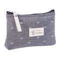 Floral dark gray canvas makeup bag with white flowers and a portable handle strap - Wood Cotton Flower / Gray