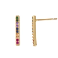 Gold vertical bar stud earrings with rainbow cubic zirconia pave stones - erq03 Bar