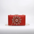 Elegant red satin evening clutch bag with sparkling rhinestone floral design and gold chain - Red