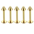Detail of five gold cone-shaped stainless steel labret studs with flat base backings - Cone / 1.2*6+3mm / Gold