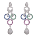 S925 silver long tassel earrings with vibrant multi-color zircon stones in a vintage style - Colorful