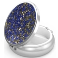 Detailed close-up of a round pill box with blue and gold rhinestones and three compartments - Silver - Gold Blue Rhinestone