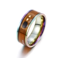 Macro shot of NFC smart ring with flexible circuit pattern and rainbow iridescent edges - Rainbow
