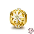 925 Sterling Silver daisy charm bead with yellow gold plating and white enamel flowers - SCC1216 Daisy Hollow