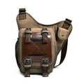Borsa a tracolla in tela marrone vintage con dettagli in pelle e tasca laterale a rete - caffè