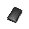 Detail view of black leather RFID-blocking card holder with smooth pop-up slide mechanism - Gray
