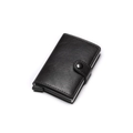 Detail of black leather automatic pop-up wallet with metal slot and snap closure - Gray