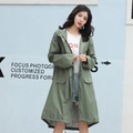Army green long hooded raincoat with zipper and snap buttons for stylish outdoor protection - Army Green