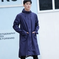 Long hooded navy blue waterproof raincoat with drawstring for adult outdoor hiking - Navy Blue