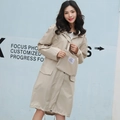 Beige hooded long waterproof raincoat with pockets and matching storage carrying bag - Khaki
