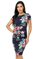 Slim fit navy blue short sleeve maternity dress with vibrant tropical floral print - S / Navy Blue