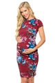 Slim fit maternity short sleeve dress in dark red with blue and pink floral patterns - S / Burgundy
