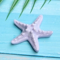 Macro shot of purple resin starfish accessory with realistic texture on blue wood background - Purple Starfish