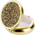 Macro shot of gold pill box with diamond-crusted lid and white interior lining - Gold - Silver Lemon Yellow Rhinestone