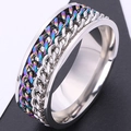 Stainless steel spinner ring with double rainbow and silver chain texture bands - Colorful