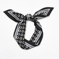 Elegant black silk scarf with white circles and grey stripes tied in a neat bow knot - Double-Sided Polka Dots Black Edge